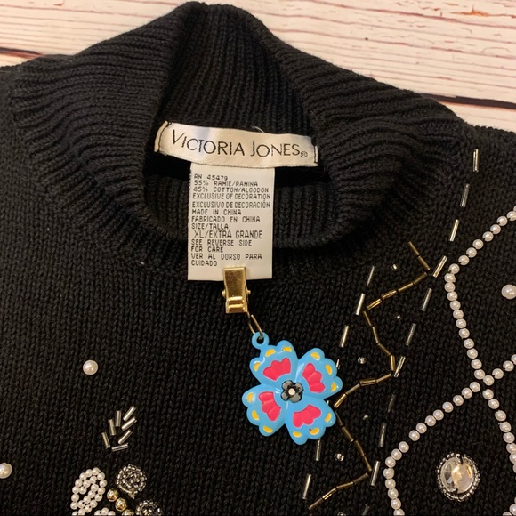 Vintage Beaded Knit Mock Neck Holiday Winter Sweater Victoria Jones Black Silver - Picture 14 of 15